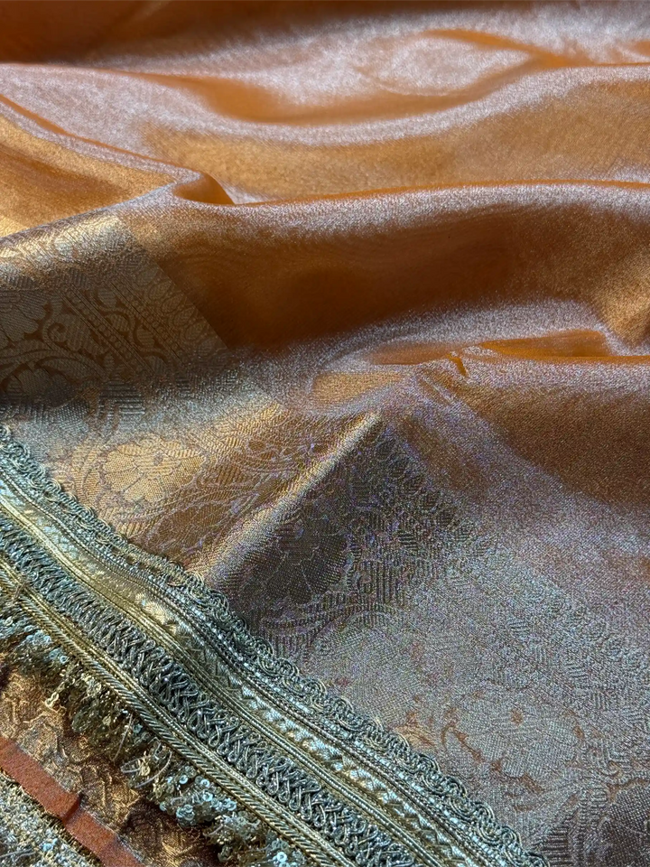 Orange Tissue Silk Lace Attached Banarasi Saree