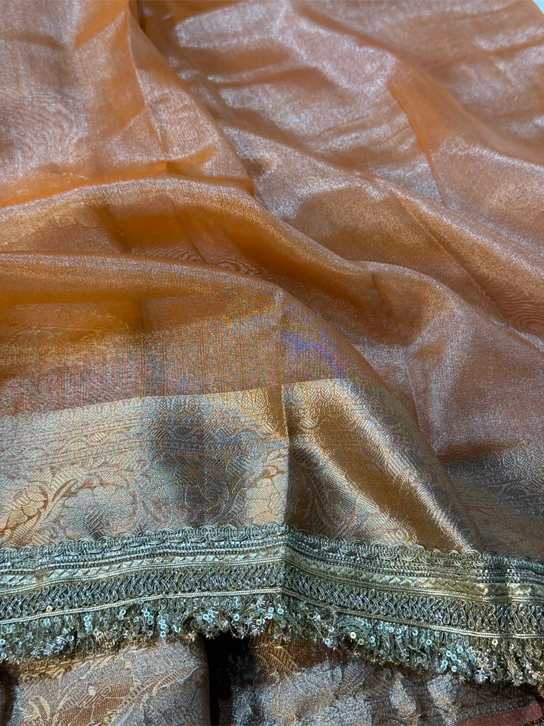 Orange Tissue Silk Lace Attached Banarasi Saree