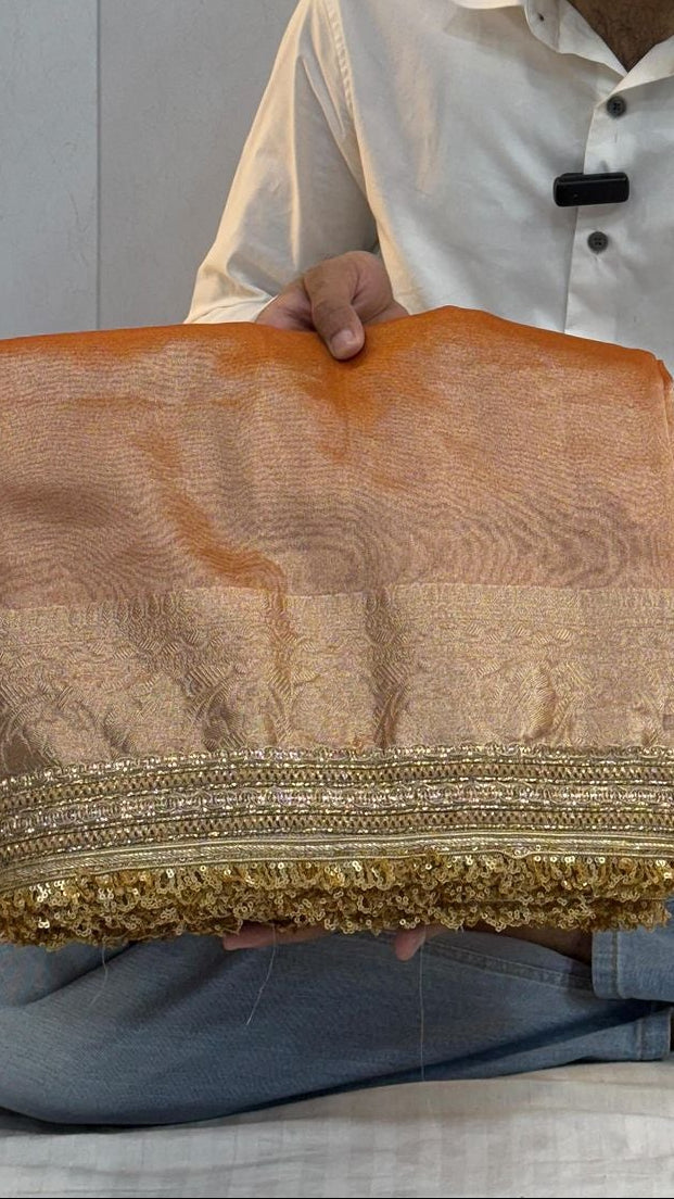 Orange Tissue Silk Lace Attached Banarasi Saree