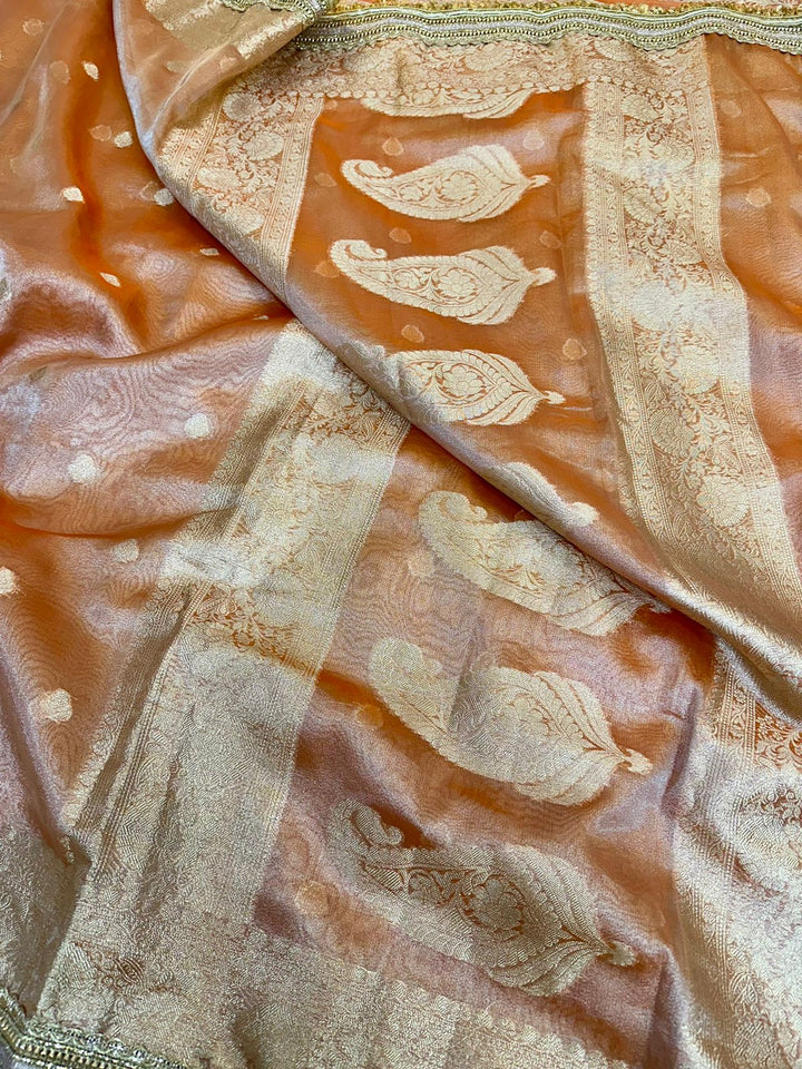 Orange Tissue Silk Lace Attached Banarasi Saree