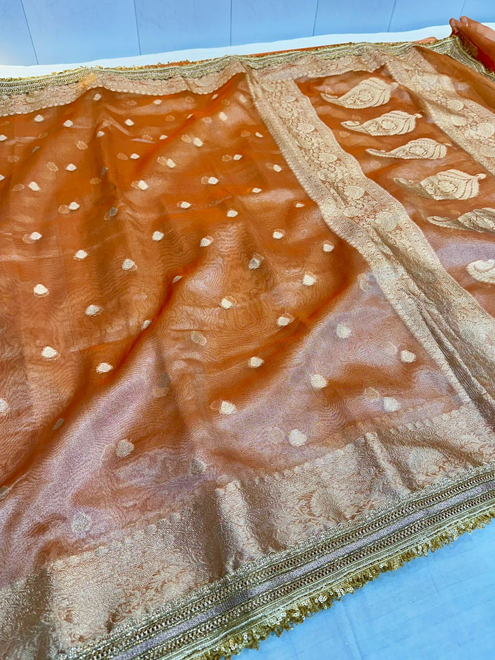 Orange Tissue Silk Lace Attached Banarasi Saree