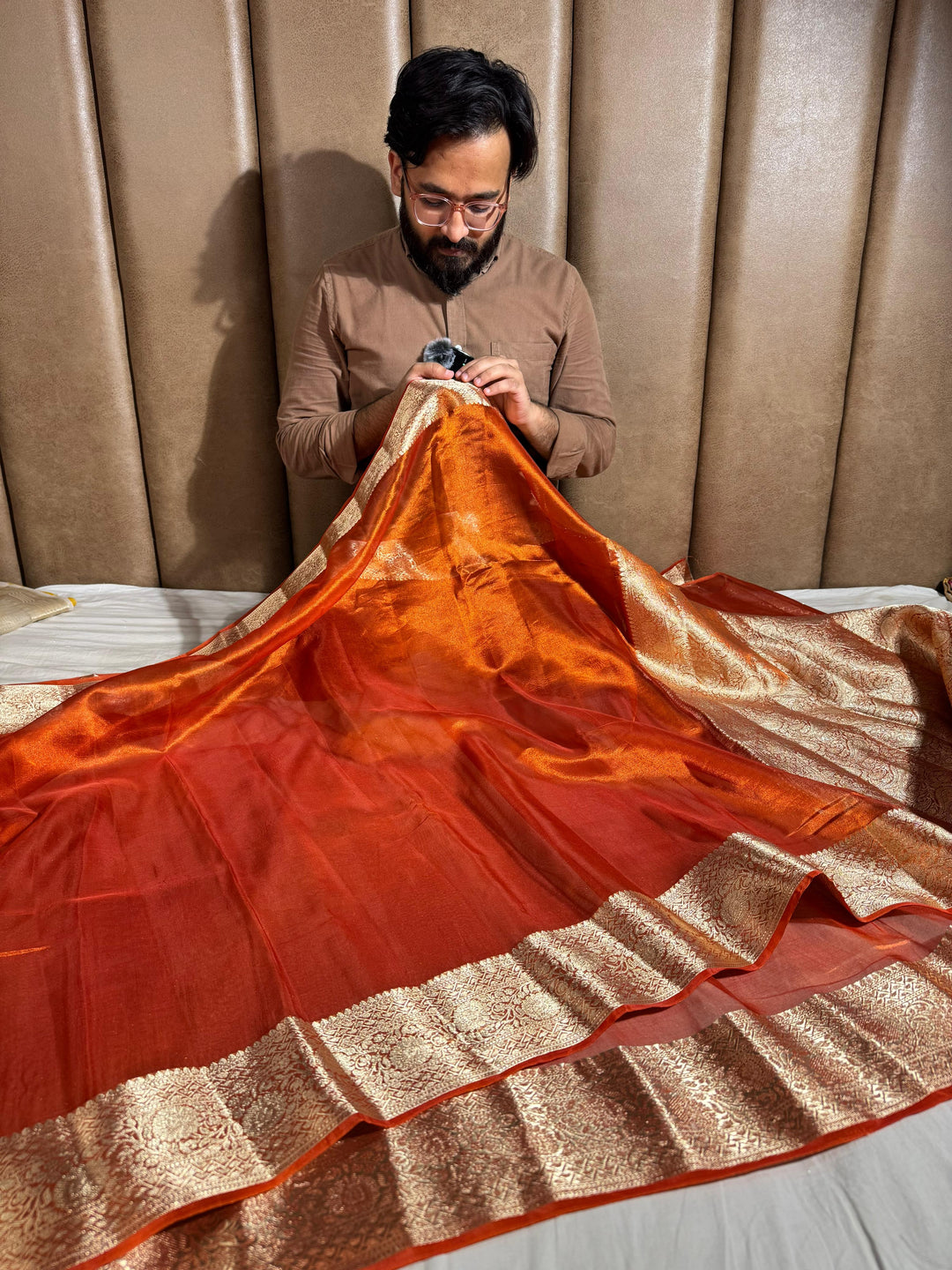 Orange shade Pure Banarasi tissue silk saree rich pallu