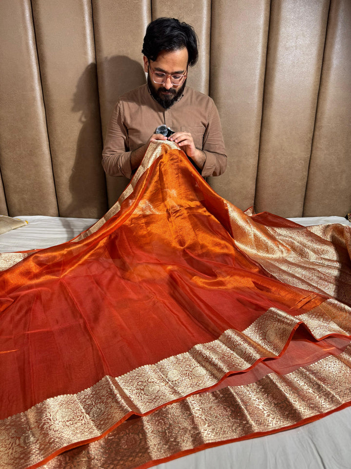 Orange shade Pure Banarasi tissue silk saree rich pallu