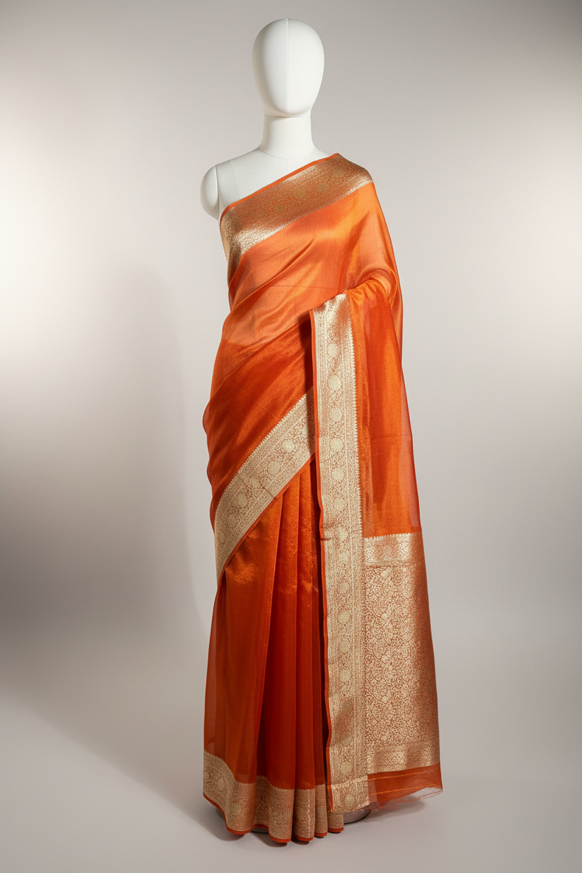 Orange shade Pure Banarasi tissue silk saree rich pallu