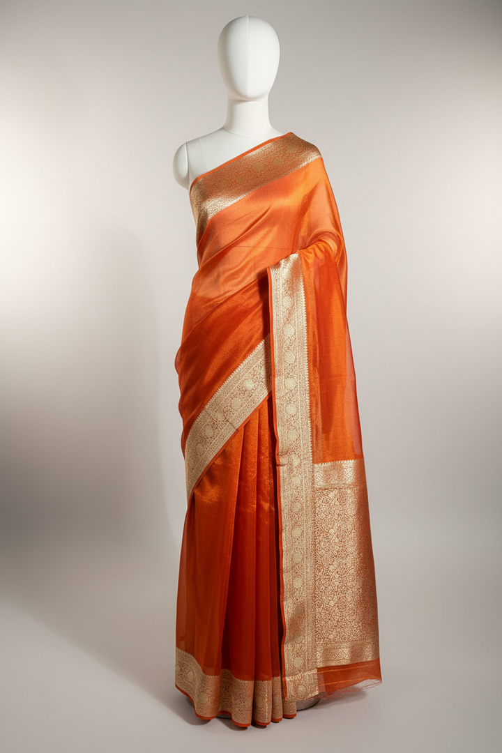 Orange shade Pure Banarasi tissue silk saree rich pallu