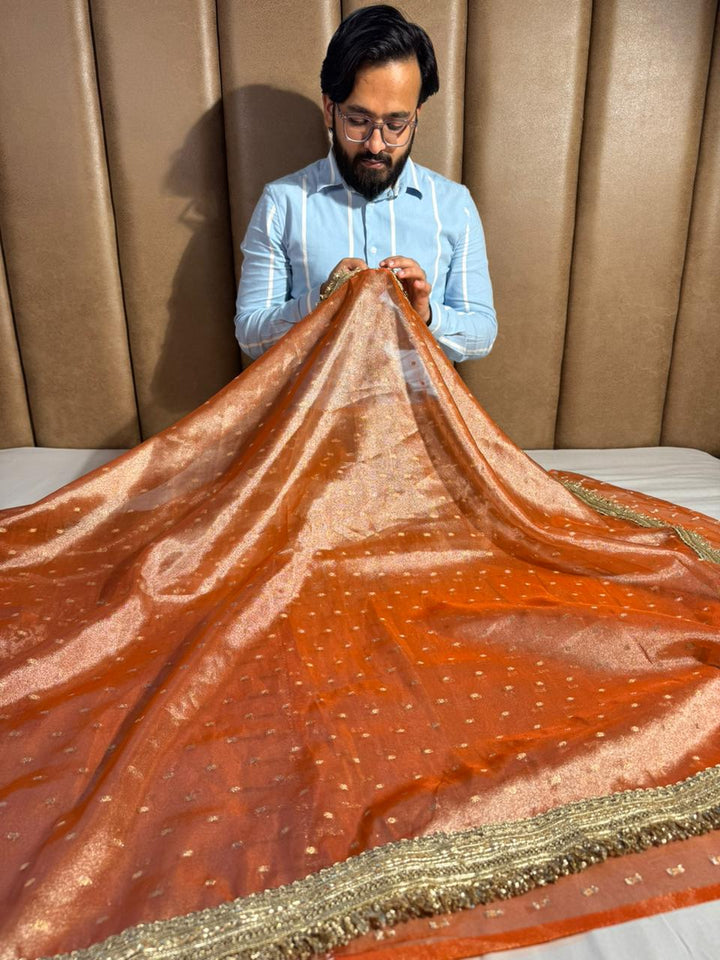 Orange banarasi tissue silk buti saree with premium lacework ana pallu