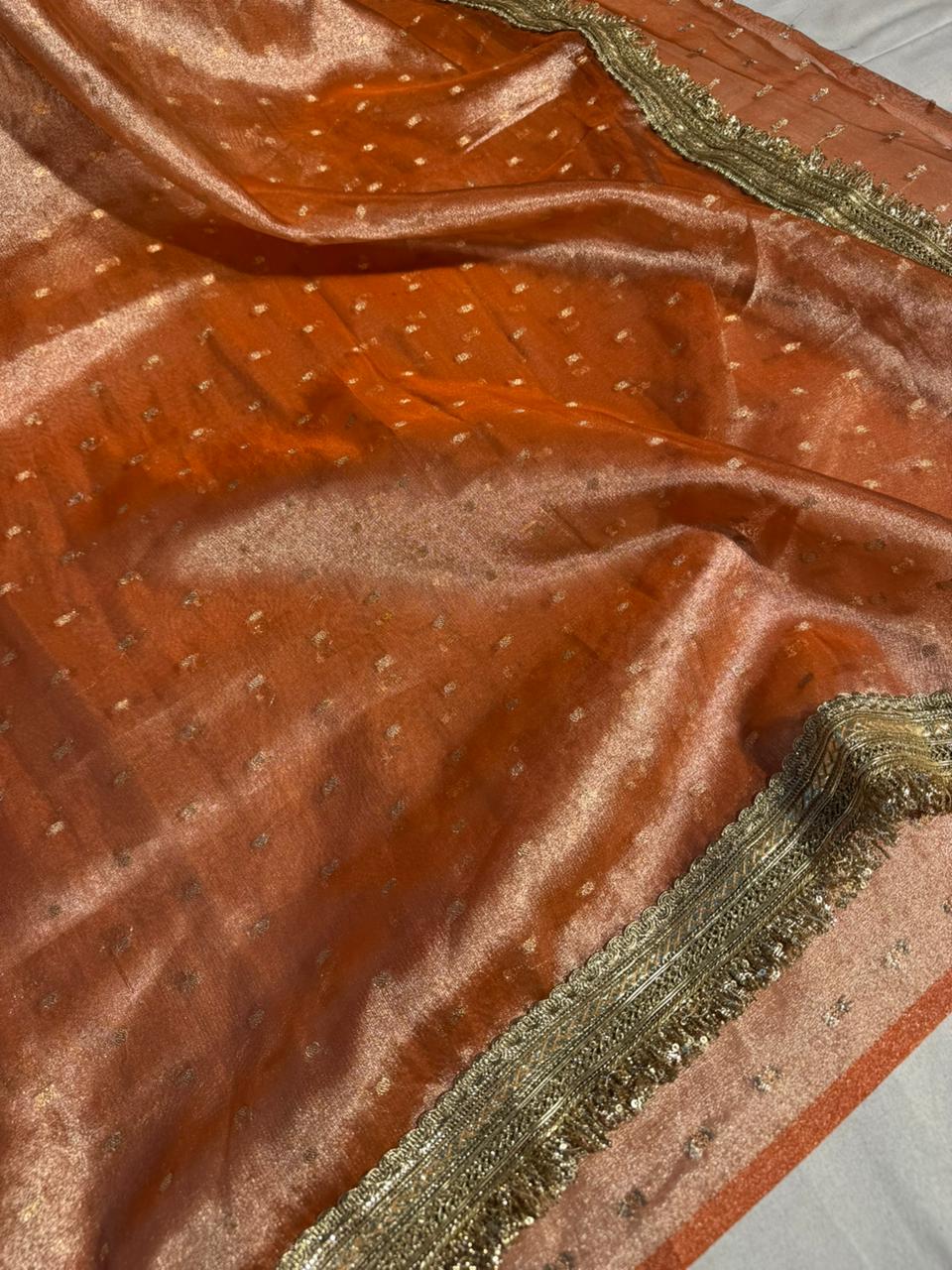 Orange banarasi tissue silk buti saree with premium lacework ana pallu