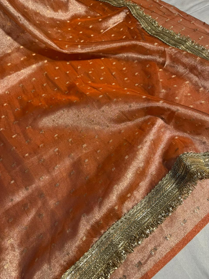 Orange banarasi tissue silk buti saree with premium lacework ana pallu