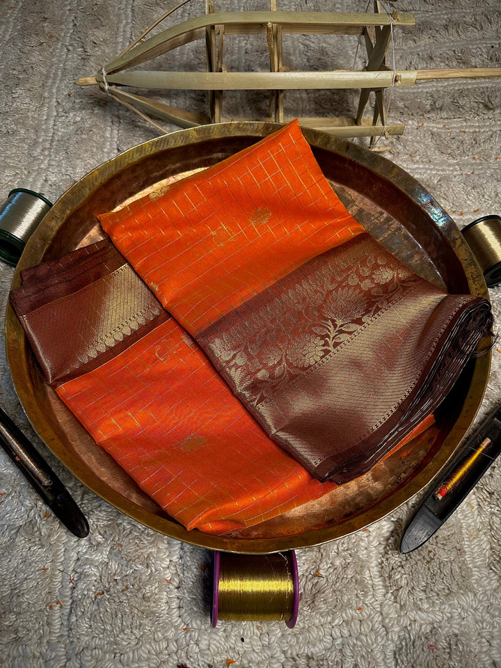 Orange checks buti cotton Banarasi saree