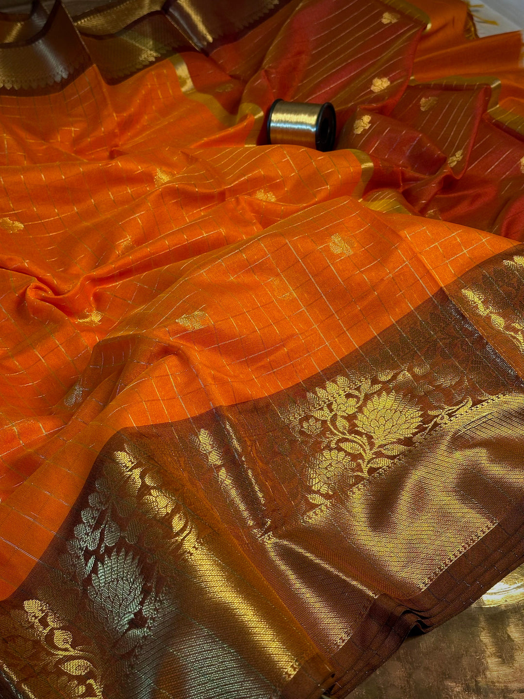 Orange checks buti cotton Banarasi saree
