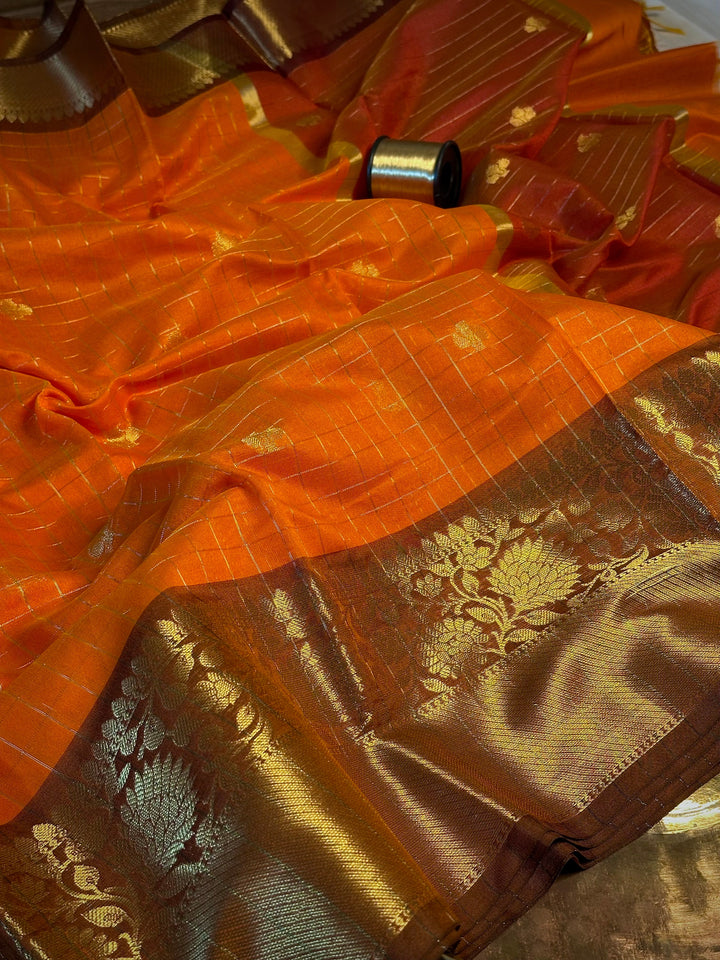 Orange checks buti cotton Banarasi saree