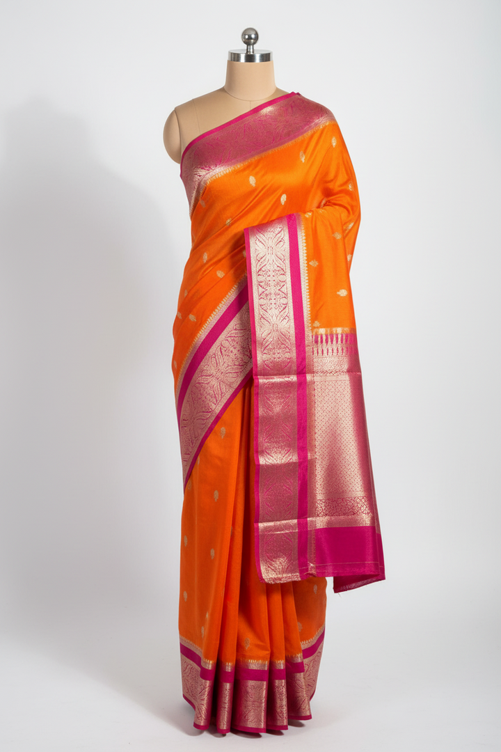 Orange shade chiniya silk saree with rich pallu and Contrast blouse
