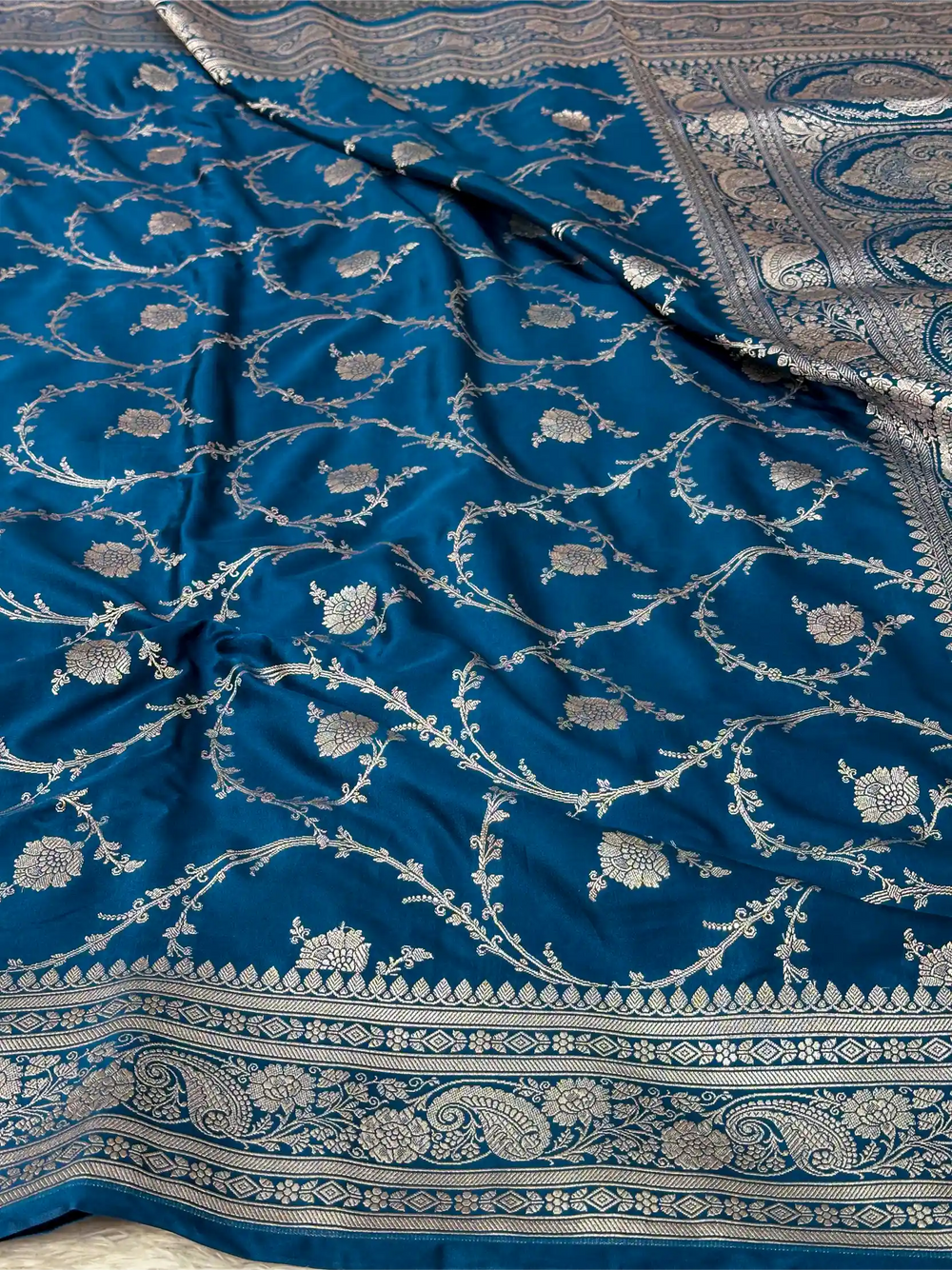 Oxford Blue Mashru Katan Silk Floral Jaal Weave Banarasi Saree