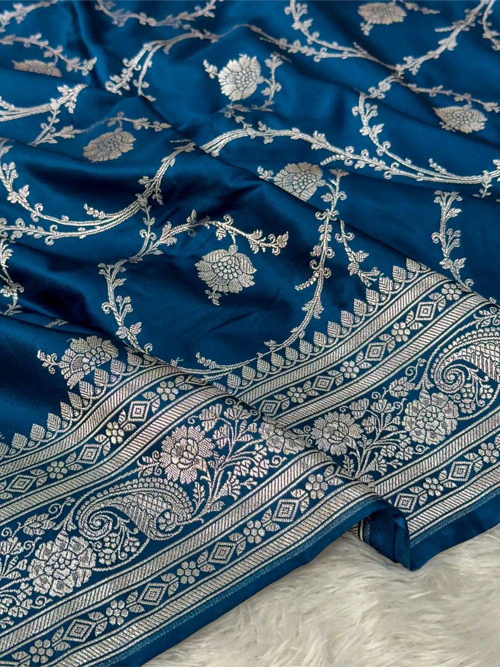 Oxford Blue Mashru Katan Silk Floral Jaal Weave Banarasi Saree