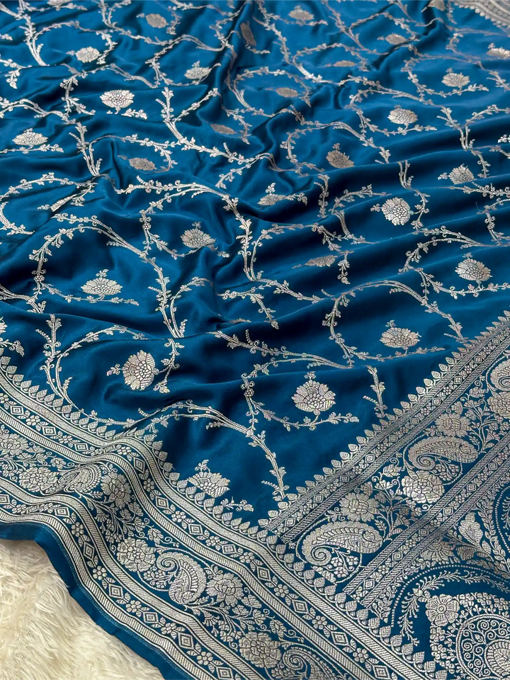 Oxford Blue Mashru Katan Silk Floral Jaal Weave Banarasi Saree