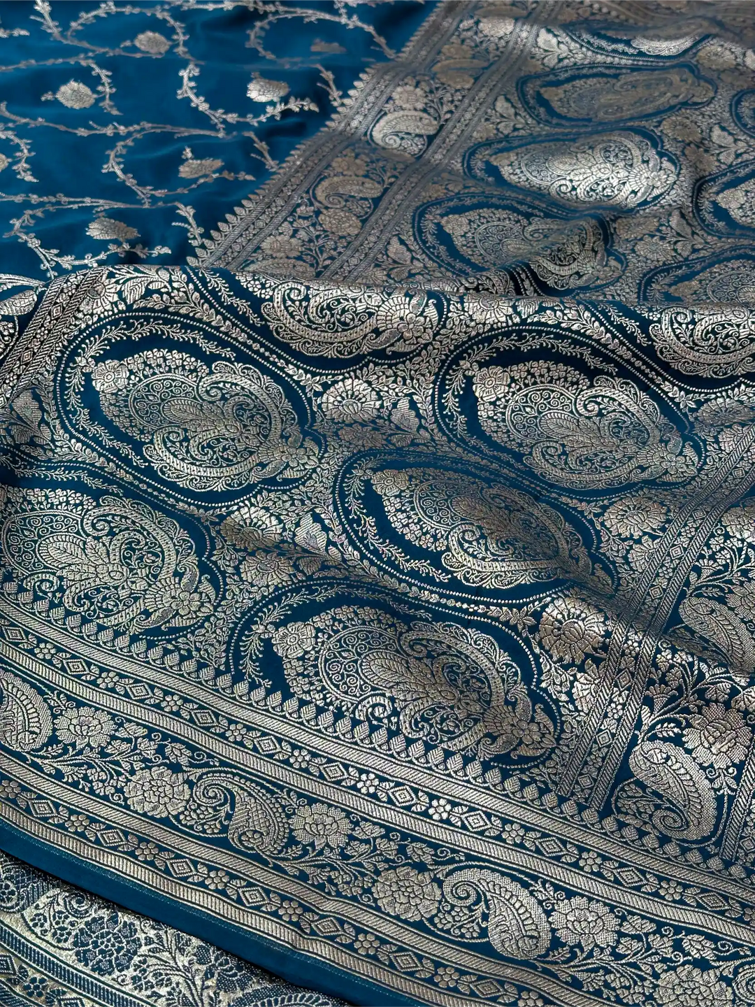 Oxford Blue Mashru Katan Silk Floral Jaal Weave Banarasi Saree
