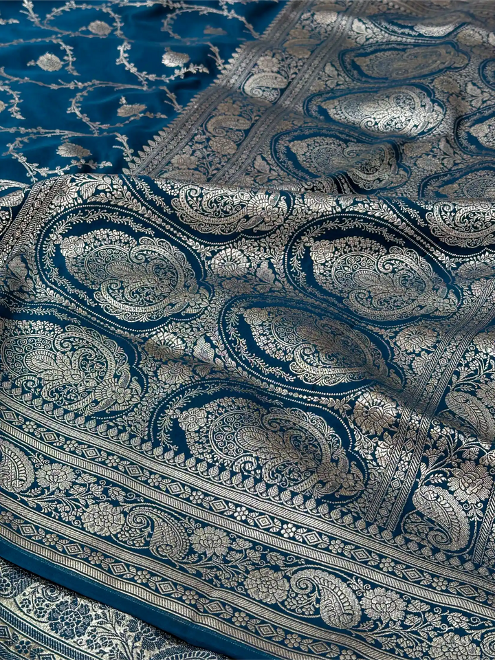 Oxford Blue Mashru Katan Silk Floral Jaal Weave Banarasi Saree