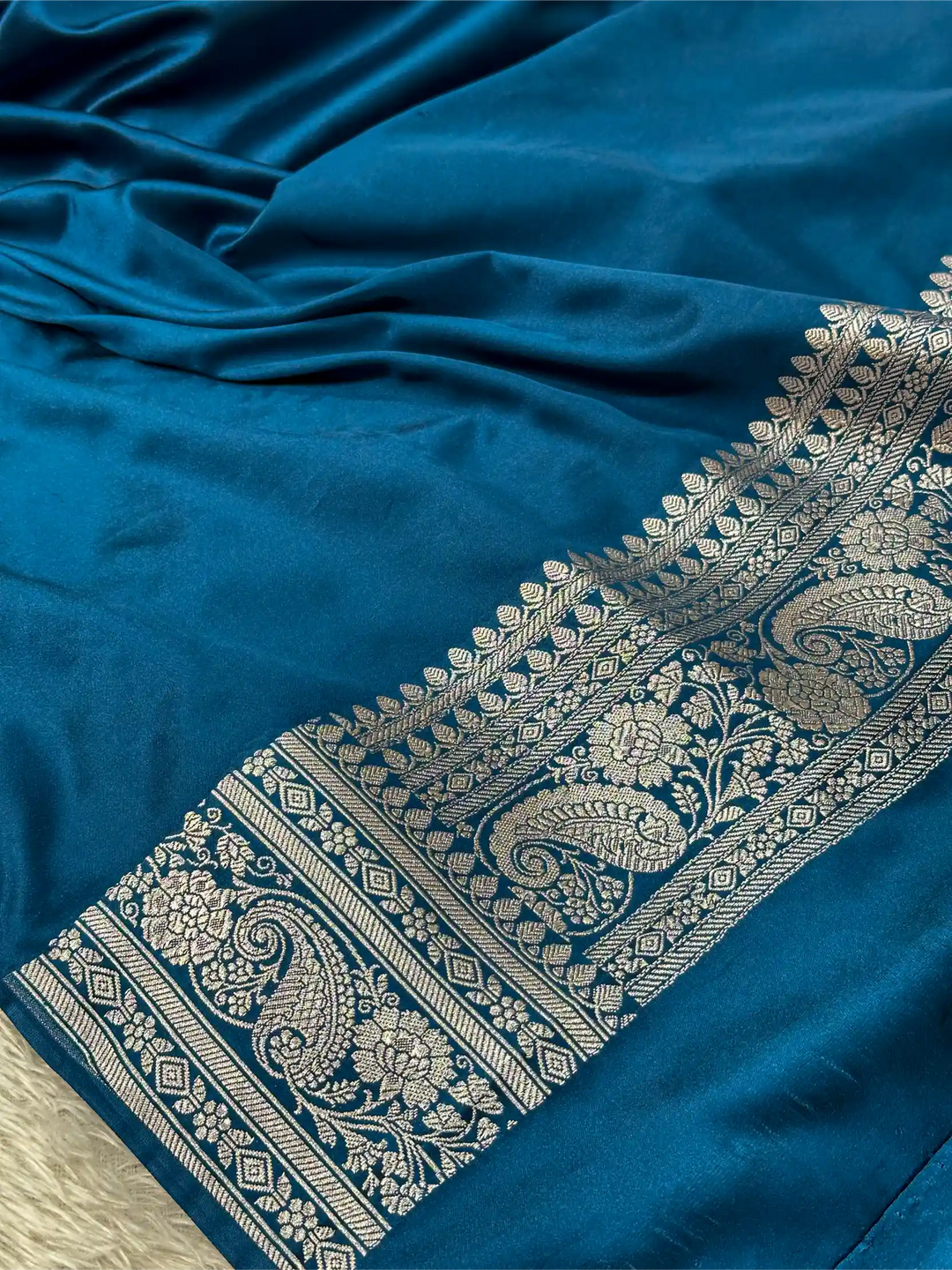 Oxford Blue Mashru Katan Silk Floral Jaal Weave Banarasi Saree