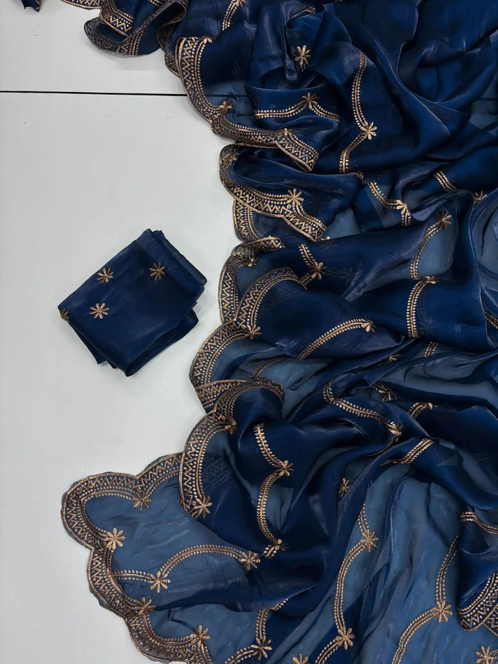 Oxford Blue Shimmery Tissue Silk Saree with Lace Work