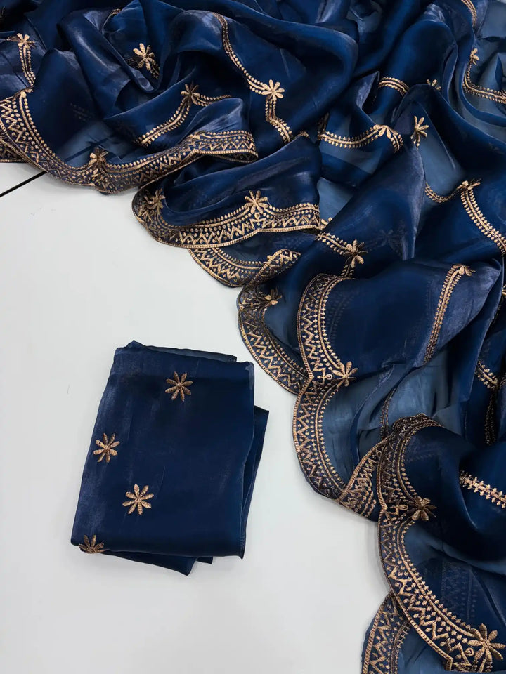 Oxford Blue Shimmery Tissue Silk Saree with Lace Work