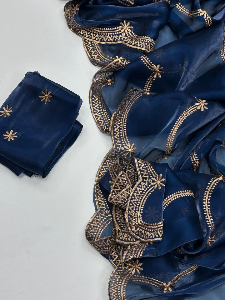 Oxford Blue Shimmery Tissue Silk Saree with Lace Work