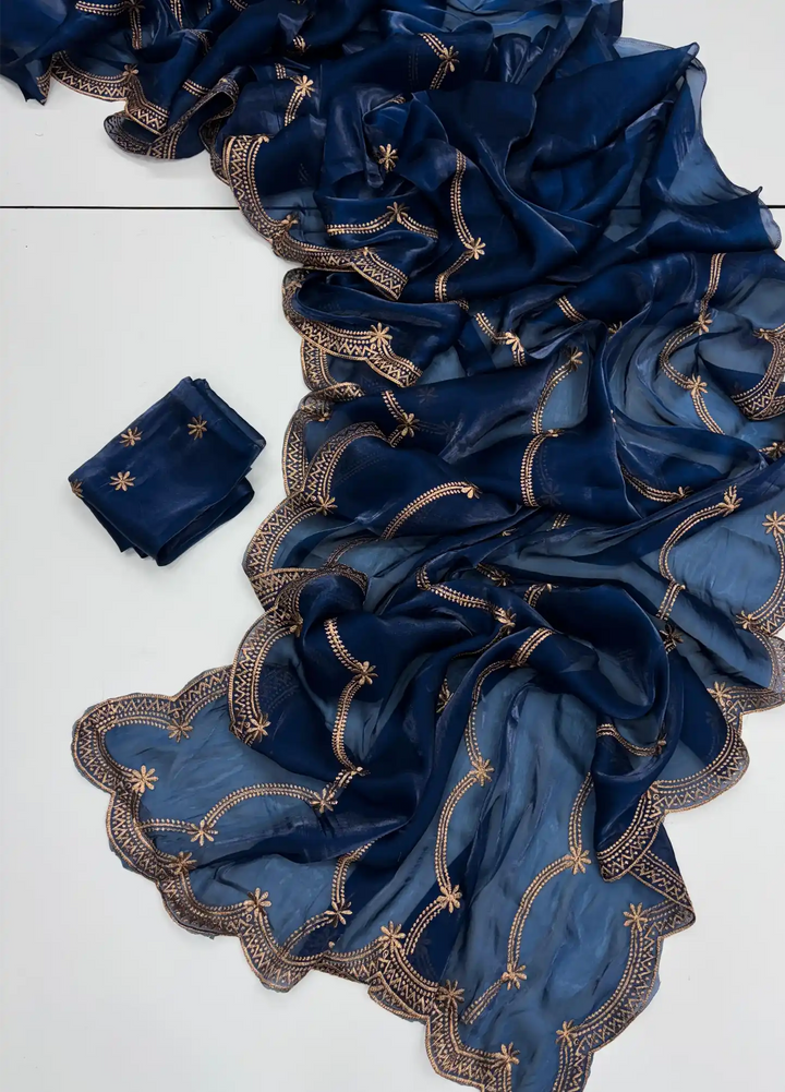 Oxford Blue Shimmery Tissue Silk Saree with Lace Work