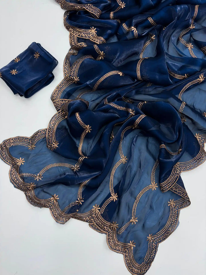 Oxford Blue Shimmery Tissue Silk Saree with Lace Work