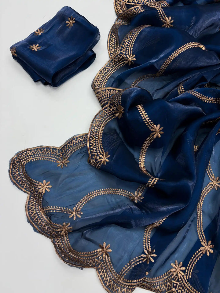 Oxford Blue Shimmery Tissue Silk Saree with Lace Work