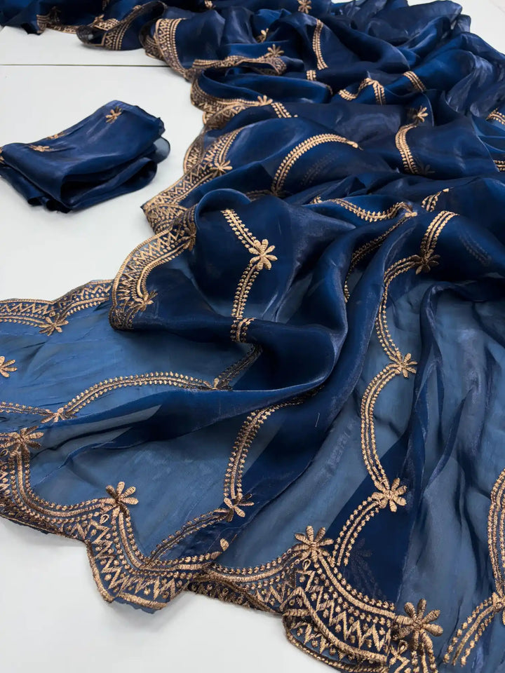 Oxford Blue Shimmery Tissue Silk Saree with Lace Work