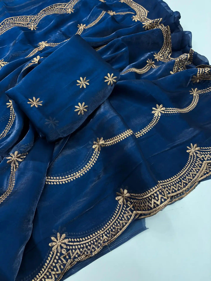 Oxford Blue Shimmery Tissue Silk Saree with Lace Work