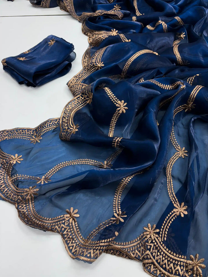 Oxford Blue Shimmery Tissue Silk Saree with Lace Work