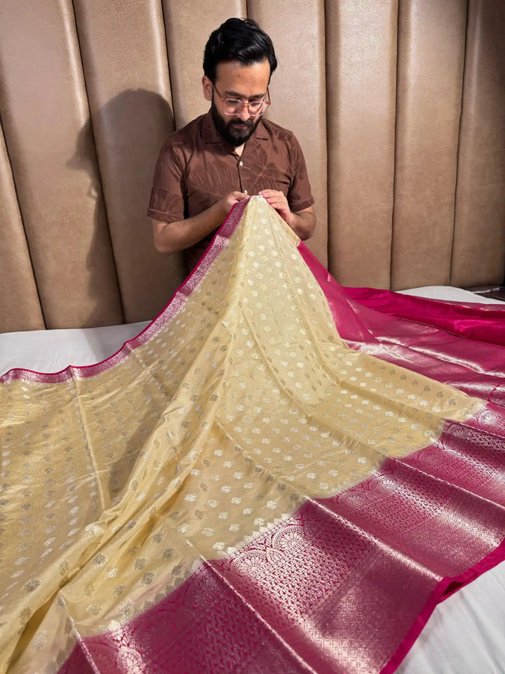 Pale Gold Banarasi Warm Silk Saree with Rich Pallu and Blouse