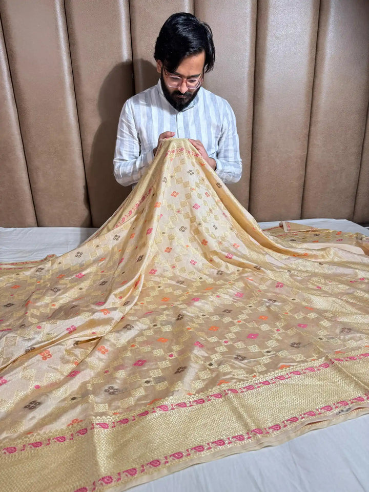 Pale Gold Texture Banarasi Warm Silk Saree with Rich Pallu and Blouse