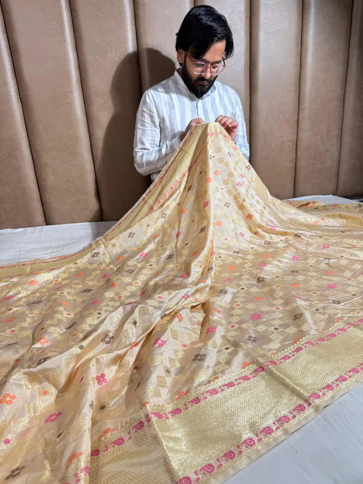 Pale Gold Texture Banarasi Warm Silk Saree with Rich Pallu and Blouse