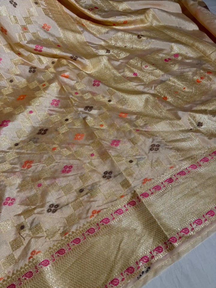 Pale Gold Texture Banarasi Warm Silk Saree with Rich Pallu and Blouse