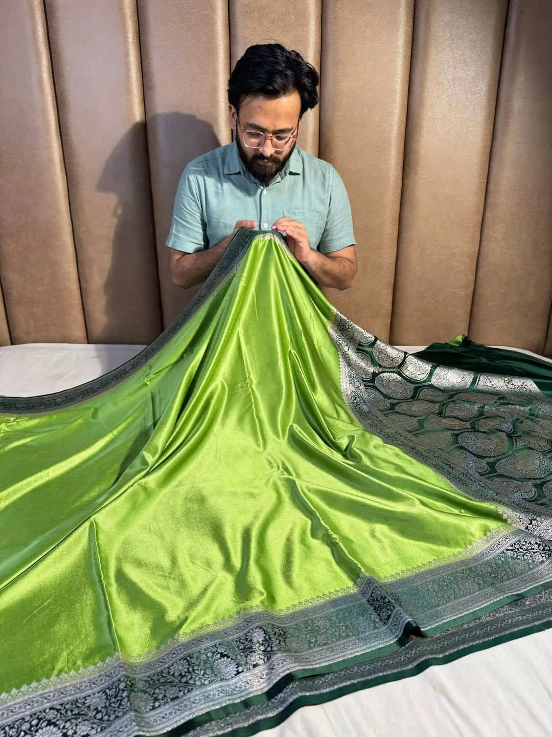 Parrot Green Banarasi Mashru Katan Silk Saree with Rich Pallu and Blouse