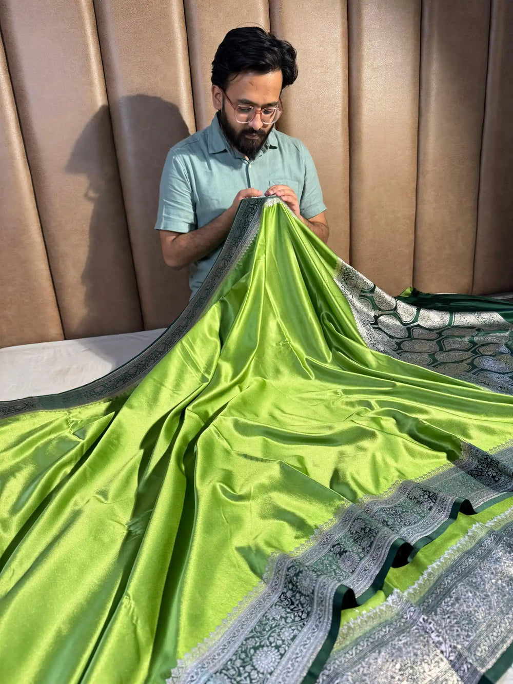Parrot Green Banarasi Mashru Katan Silk Saree with Rich Pallu and Blouse