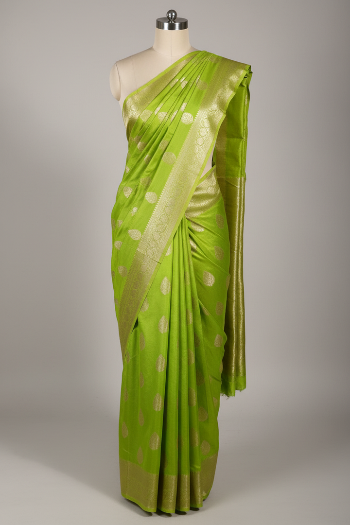 Parrot Green Chiniya Silk Zari Buta Banarasi Saree