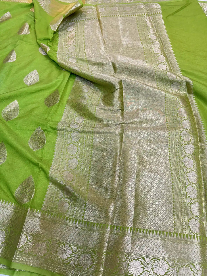 Parrot Green Chiniya Silk Zari Buta Banarasi Saree