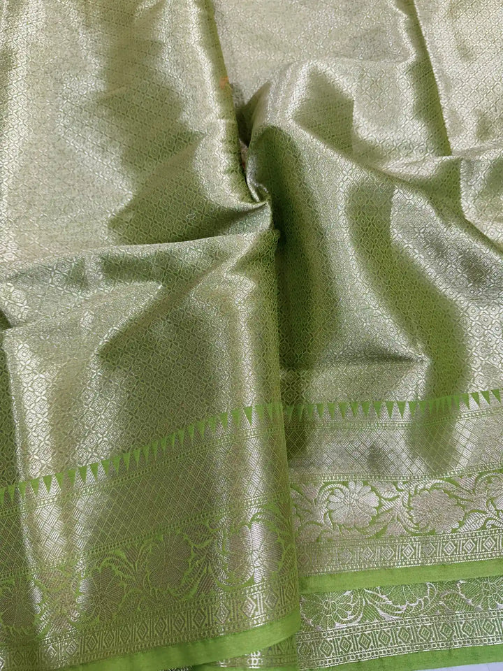 Parrot Green Chiniya Silk Zari Buta Banarasi Saree