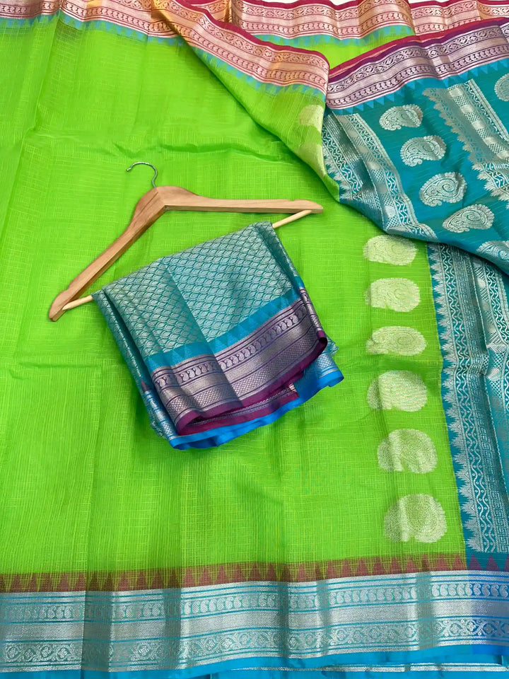 Parrot Green Dharmavaram Cotton Silk Checks Weave Banarasi Saree