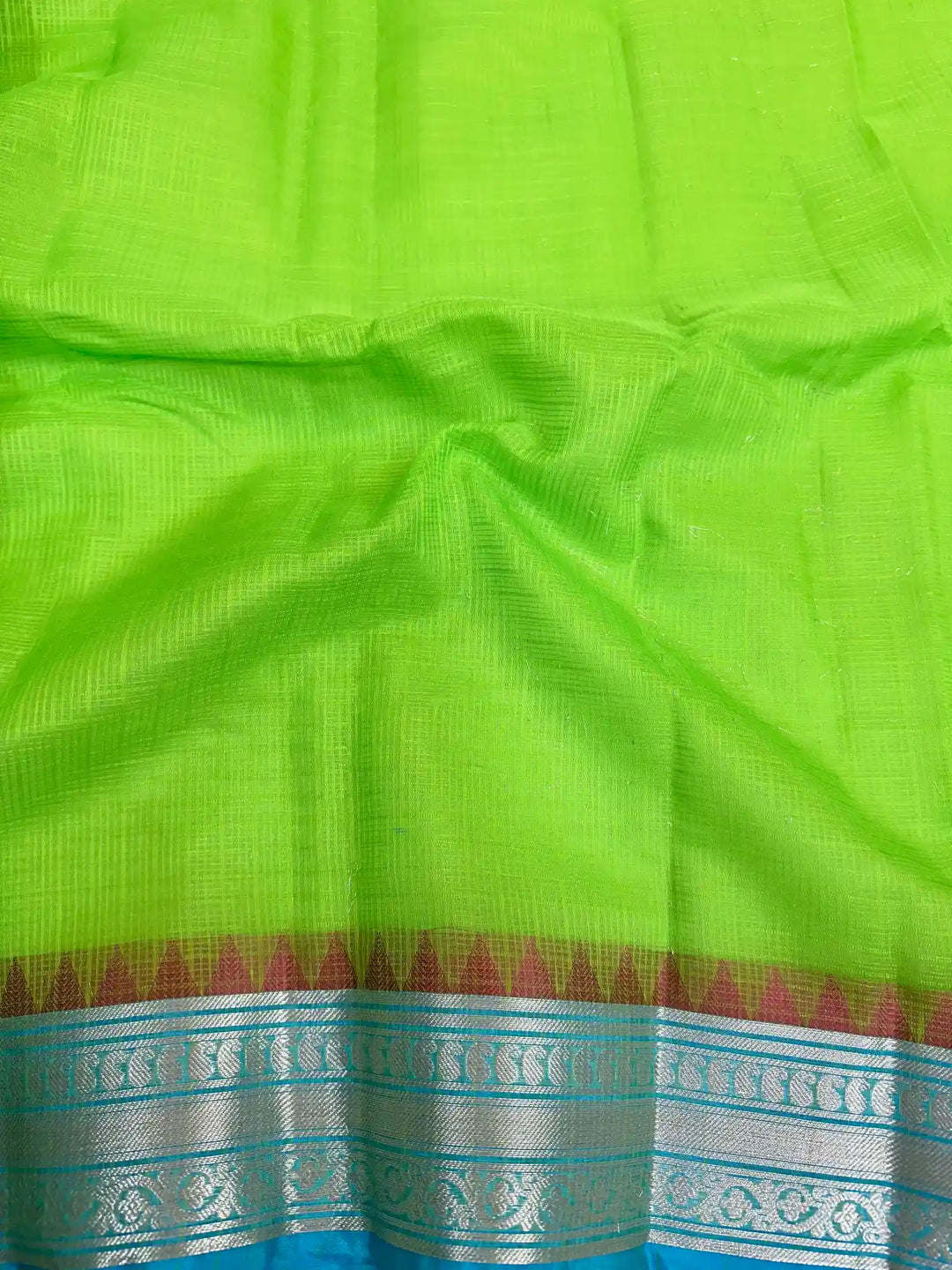 Parrot Green Dharmavaram Cotton Silk Checks Weave Banarasi Saree