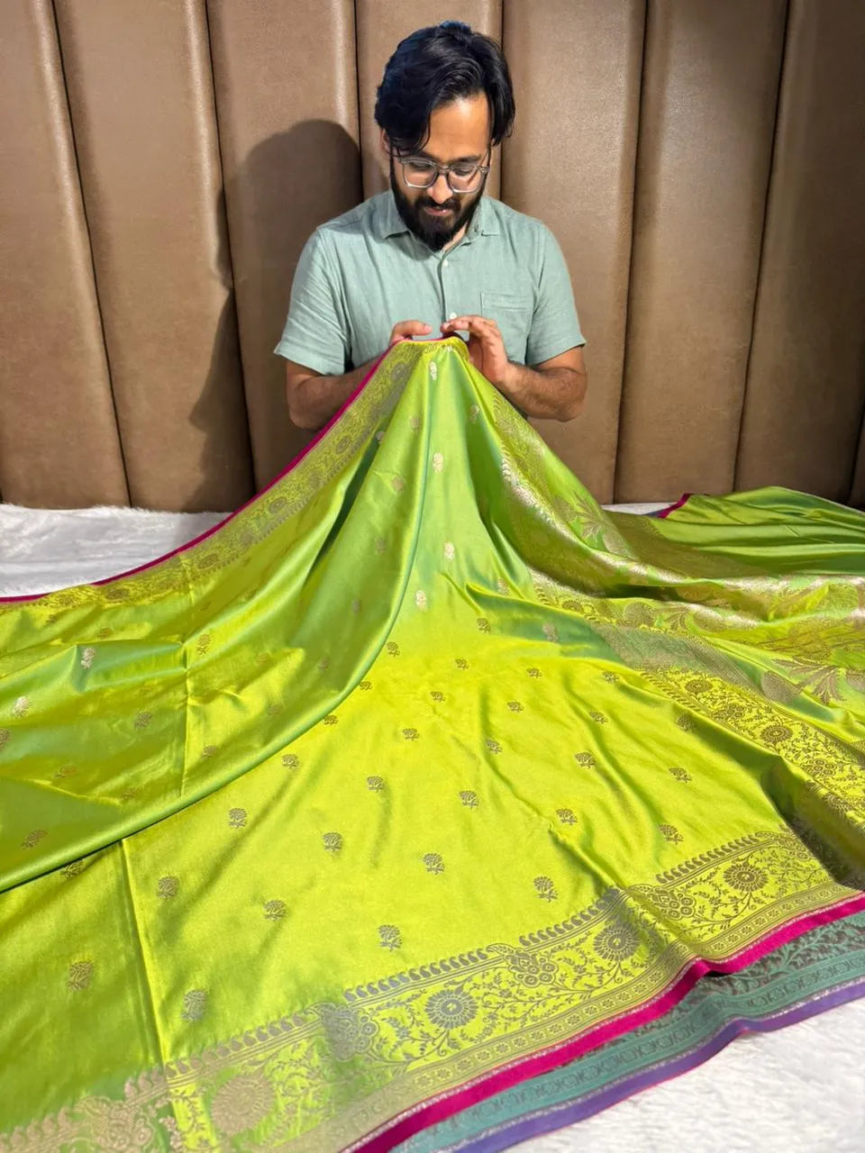 Parrot Green Mashru Katan Silk Buta Work Banarasi Saree