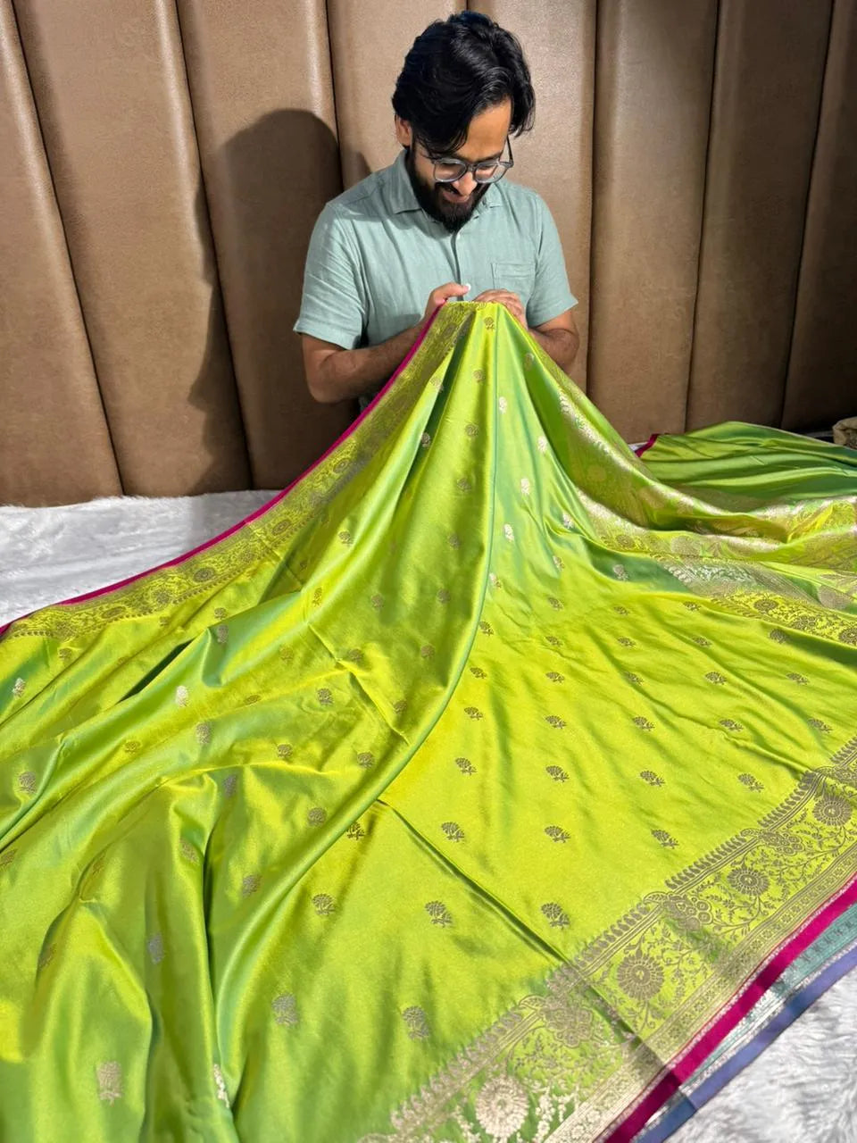 Parrot Green Mashru Katan Silk Buta Work Banarasi Saree
