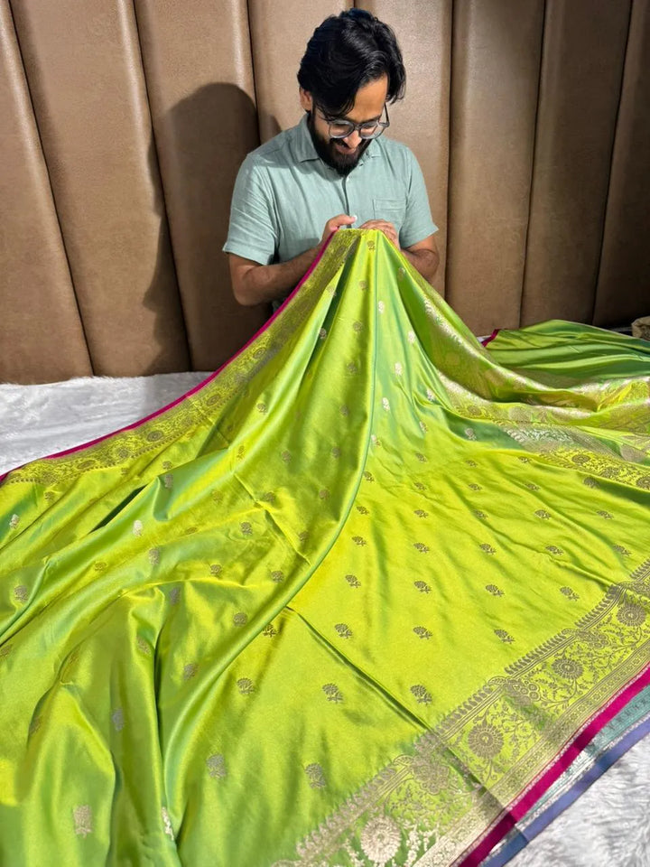 Parrot Green Mashru Katan Silk Buta Work Banarasi Saree