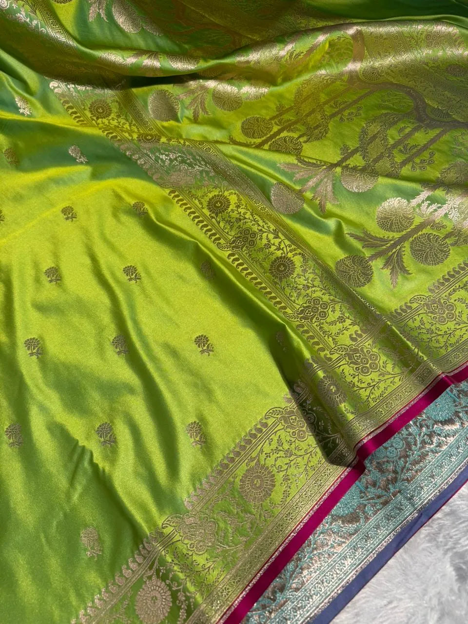 Parrot Green Mashru Katan Silk Buta Work Banarasi Saree