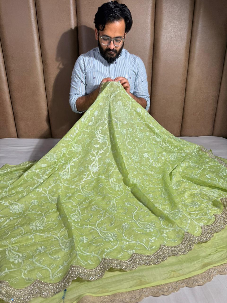 Parrot Green Mul Chanderi Chikankari Embroidered Lace Work Banarasi Saree