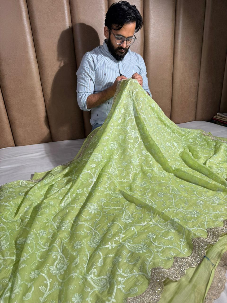 Parrot Green Mul Chanderi Chikankari Embroidered Lace Work Banarasi Saree
