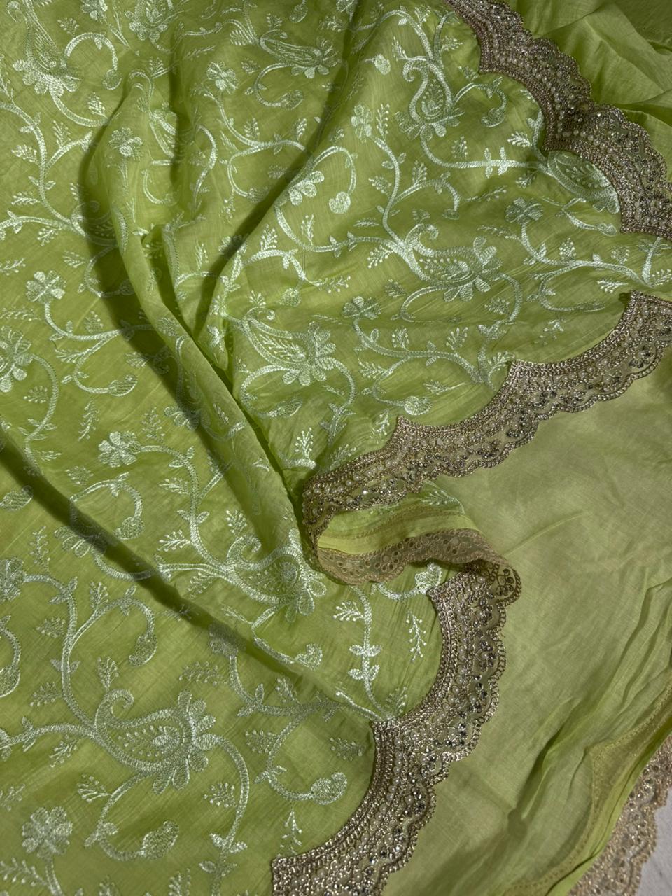 Parrot Green Mul Chanderi Chikankari Embroidered Lace Work Banarasi Saree