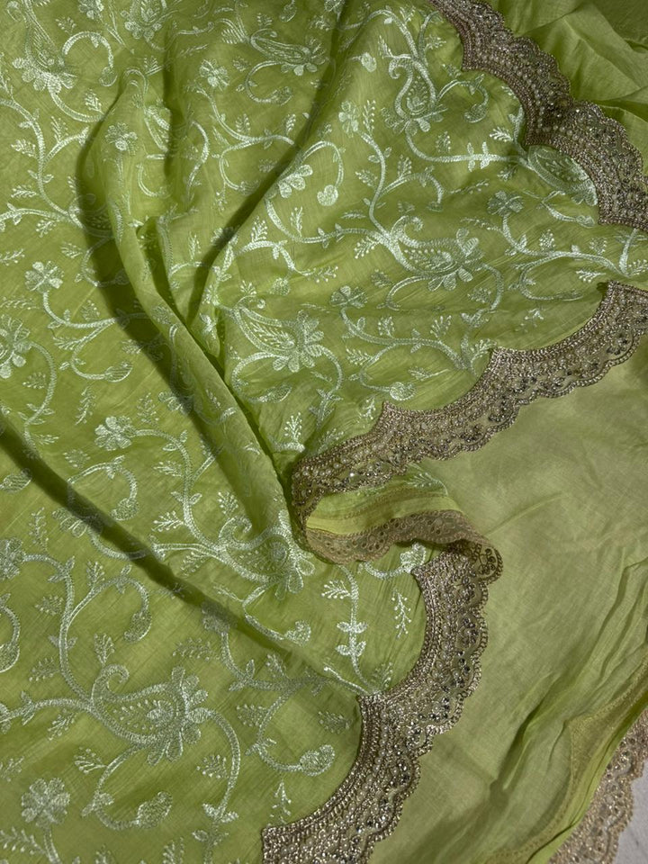 Parrot Green Mul Chanderi Chikankari Embroidered Lace Work Banarasi Saree